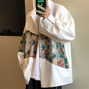 港风长袖衬衣男情侣大码M-5XL中性风刺绣潮长袖衬衫男CS9743P50图片