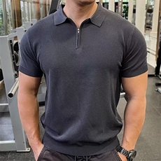 男夏季翻领polo拉链休闲半袖运动健身纯色透气时尚百搭短袖TM824，男装T恤，星座1116A-2（原606A-1）
