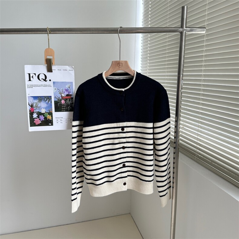 时尚条纹长袖针织开衫女宽松百搭拼色休闲外套上衣，女装针织衫/毛衣，沐策羊绒