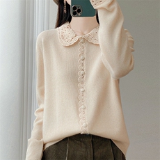 重工钩花100纯羊毛开衫女POLO领宽松时尚衬衫洋气减龄针织衫上衣，女装针织衫/毛衣，江南羊绒