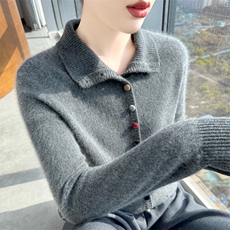 秋冬100%纯羊毛假开衫女高翻领彩扣针织外套毛衣宽松洋气羊绒上衣，女装羊毛衫，百越羊绒