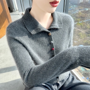 秋冬100%纯羊毛假开衫女高翻领彩扣针织外套毛衣宽松洋气羊绒上衣图片