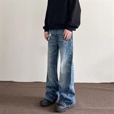 闪电纹微喇牛仔裤男潮牌新款水洗复古宽松直筒美式高街痞帅长裤子，男装牛仔裤，星座516A