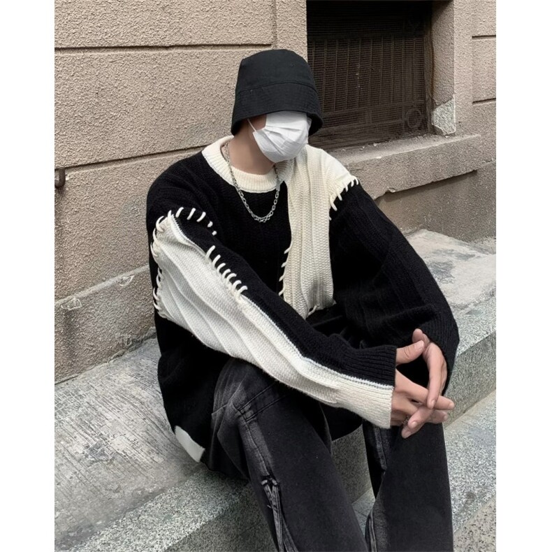 拼接撞色毛衣男冬季潮宽松休闲慵懒风设计感小众套头针织衫P55,男装针织衫/毛衣,四季星座218-1
