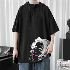 LD54153-P45 连帽短袖t恤男大码胖子带帽五分袖中袖图片