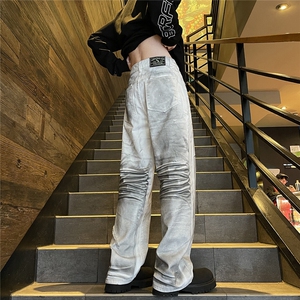 欧美浅灰泼墨美式街头直筒裤白爪龙裤型拖地春秋款9087-P48图片