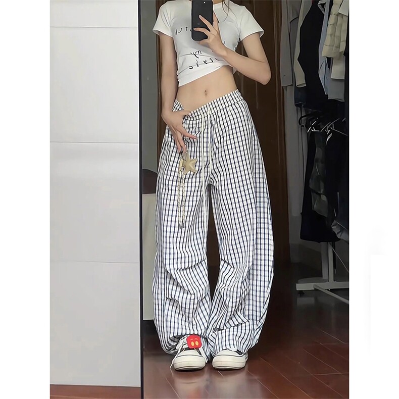 送挂件泡泡格子弯刀裤男女夏季松弛感阔腿裤子美式复古伞兵休闲裤，男装休闲裤，四季星座505