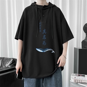 LD54261-P45 连帽短袖t恤男大码胖子带帽五分袖中袖图片
