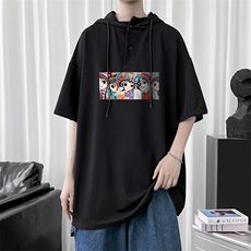 LD54250-P45京剧脸谱风连帽短袖t恤男大码胖子带帽五分袖中袖，男装T恤，电商A040