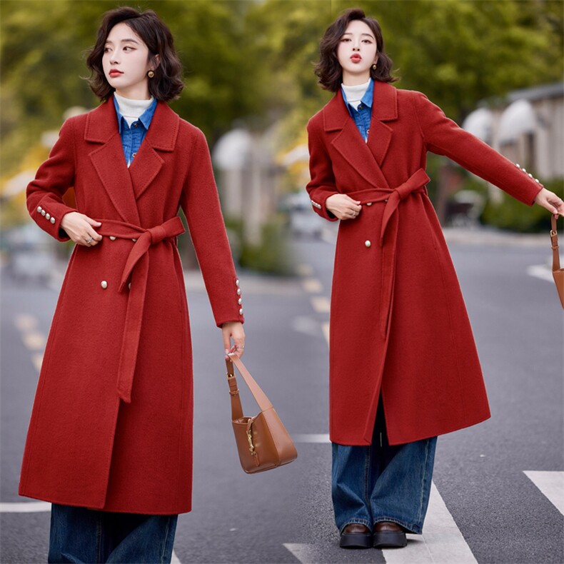 双面羊毛大衣女2025年秋冬新款气质百搭中长款显瘦羊毛外套,女装双面呢大衣,小荷流