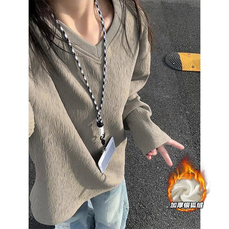 加绒银狐绒男450g重磅肌理感宽松长袖T恤T24509J加绒-特P33控65，男装T恤，电商A001-1