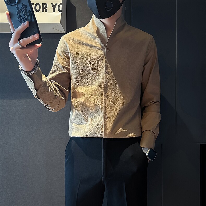 店主风立领衬衫男长袖高级感修身英伦社会小伙301C-CS08-P58控78,男装衬衫,星座301C（原B323）