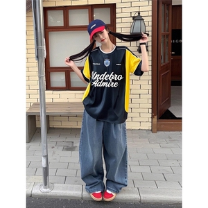 夏季美式复古拼接撞色字母印花短袖T恤男女运动上衣TAA03-P38图片