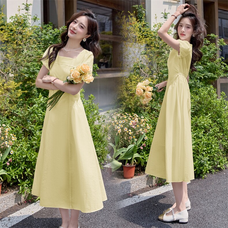洋气绝美白色连衣裙女2025夏新款方领法式收腰显瘦气质泡泡袖长裙,女装连衣裙,潮流依族