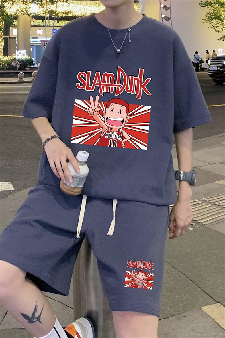 ！定制面料！2024夏季新款华夫格短袖套装情侣一套HTZ67P50,男装T恤,电商B220