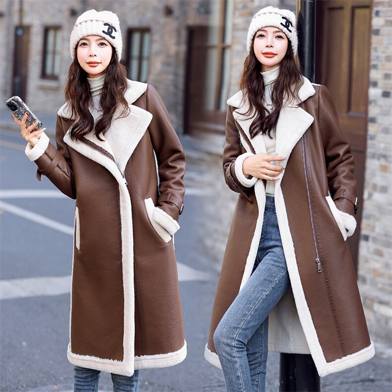 现货皮毛一体加厚档寒保暖休闲气质时尚通列百搭设计拉链皮毛大衣，女装羊羔毛/颗粒绒，韩美纤衣