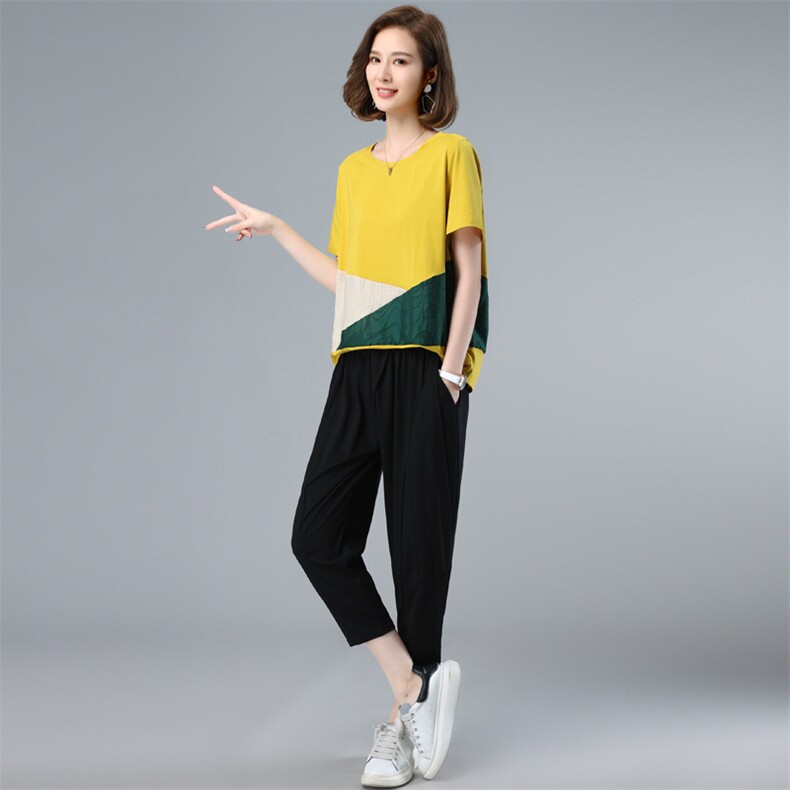 2022夏季新款气质圆领时尚T恤套装宽松显瘦两件套,女装套装/套裙,深水步