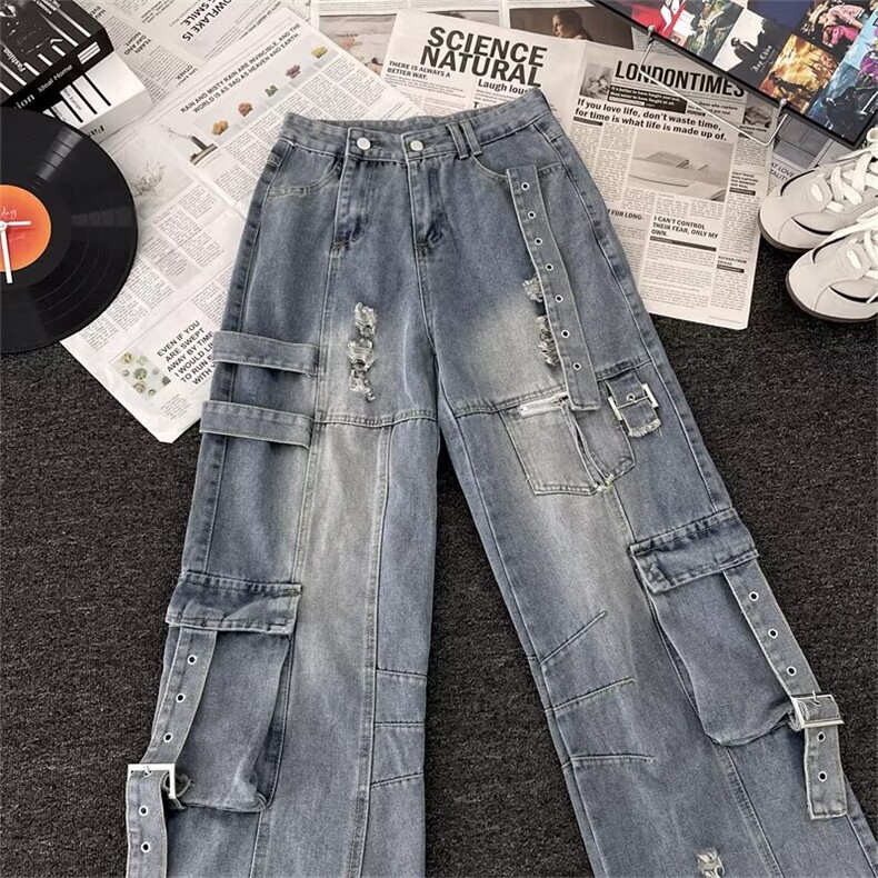 复古工装阔腿牛仔裤秋冬款高街设计感宽松高腰直筒裤子1174P75,男装牛仔裤,星座410-2