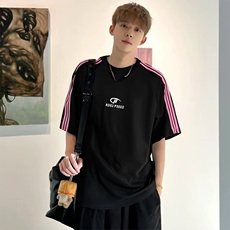 抖音得物品质二开240克宽松纯棉美式潮牌印花三条杠中性风短袖T恤，男装T恤，电商A486-1