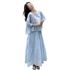 蓝色流行漂亮娃娃衫半身裙套装女夏2025新款独特绝美高级感两件套，女装套装/套裙，2C086