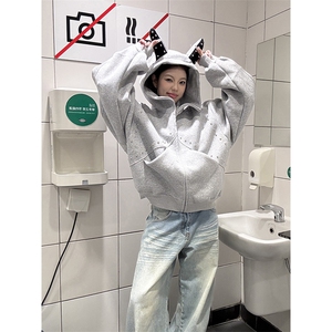 抖音得物高品质 26春装美式高街铆钉杜宾犬耳朵开衫卫衣外套W125图片