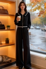 韩系设计感时尚套装女秋款娃娃领双头拉链短款上衣阔腿长裤两件套，女装套装/套裙，2C310