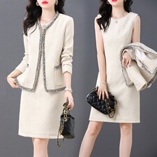 小香风套装连衣裙女2024冬装新款高端毛呢外套遮肚显瘦两件套裙子，女装套装/套裙，罗得堡