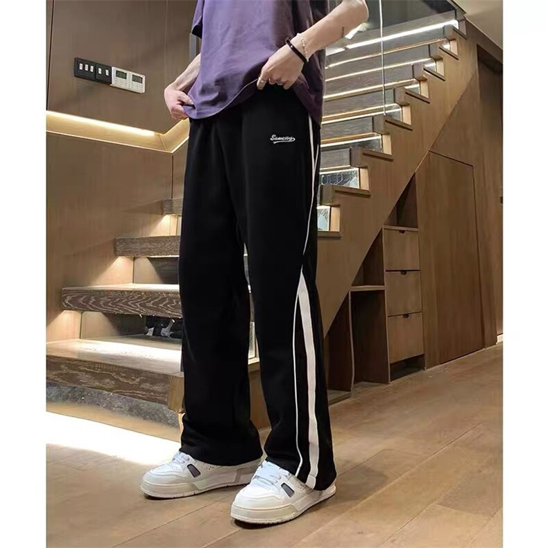 美式刺绣条纹卫裤男女秋季潮牌宽松运动长裤阔腿休闲裤子WK01 P43图片