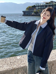 蓝色撞色衬衫领短款夹克外套女2026春秋新款韩系时髦减龄夹克显白图片