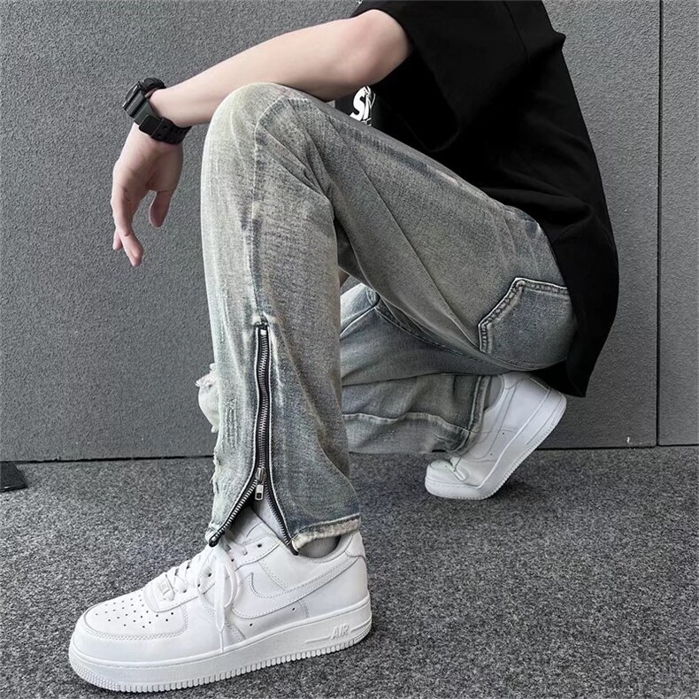 美式vibe风裤子高街潮ins拉链开叉牛仔裤男欧美炸街破洞N8028-P45,男装牛仔裤,星座1008-1