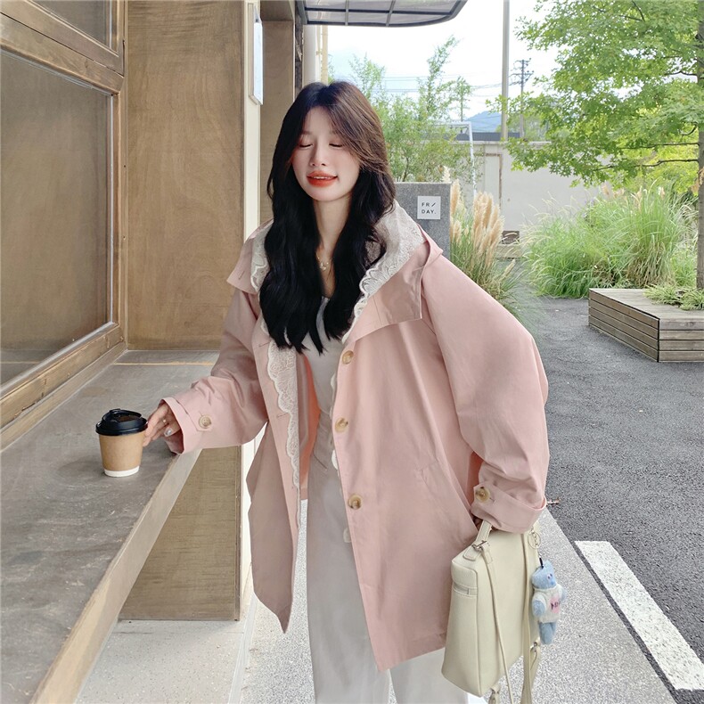韩系蕾丝边连帽粉色风衣外套女春秋2025新款小个子甜美多巴胺大衣,女装风衣,2C332