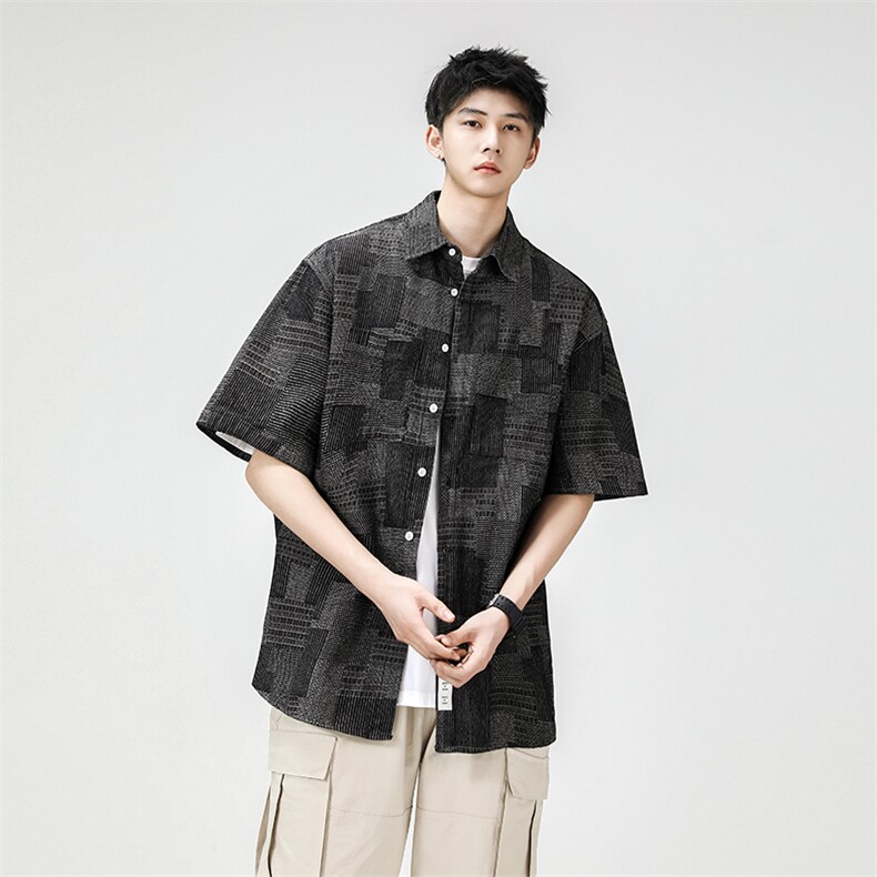 抖音品质夏季格子大码宽松牛仔衬衫复古短袖衬衣外套CS011-P50,男装衬衫,电商A042