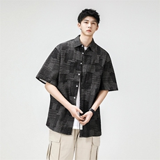 抖音品质夏季格子大码宽松牛仔衬衫复古短袖衬衣外套CS011-P50，男装衬衫，电商A042