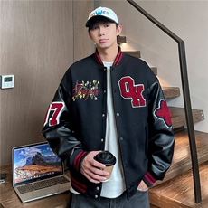 宽松印花美式徽章拼接皮质撞色棒球服外套飞行员夹克HH846P46，男装夹克，星座1013-5