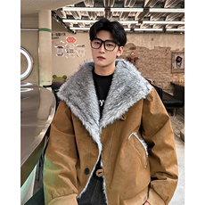 座山雕交襟扣高立领翻领皮棉衣仿水貂毛游牧加棉外套987P128，男装棉衣，电商A458A