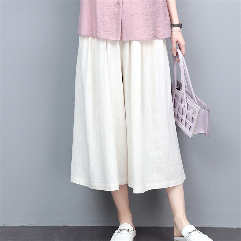 时尚裙裤女2022夏季新款七分裤百搭显瘦阔腿裤宽松薄款亚麻裤子,女装休闲裤,忆绮罗