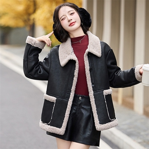 皮毛一体仿羊羔毛外套女短款2024新款秋冬季加绒机车服加厚皮夹克图片