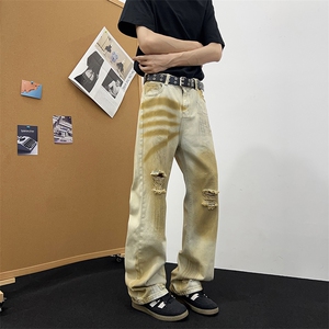 美式复古做旧水洗黄泥牛仔裤男女慵懒风2025废土破洞拖地裤图片