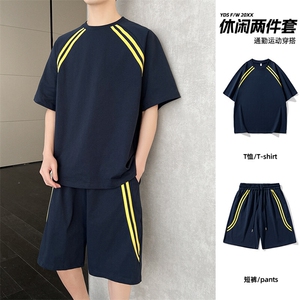 休闲运动套装男士夏季薄款拼色短袖t恤短裤酷帅两件套搭配男装潮图片