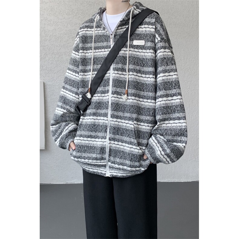 8XL-M潮情侣美式磨毛编织条纹针织衫卫衣宽松拉链外套WY30P88,男装针织衫/毛衣,电商D206-1