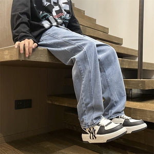 复古美式牛仔裤男春秋宽松坠感直筒裤潮流痞帅百搭长裤N00846-P43,半身牛仔长裙搭配什么鞋子图片