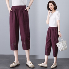 棉麻七分裤女2023夏季薄款大码宽松休闲裤中年妈妈刺绣显瘦哈伦裤，女装大码女装，奕阳依阁