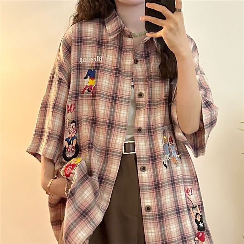 美式复古格子短袖衬衫女刺绣小众设计感上衣夏季学院风衬衣外套,男装T恤,星座1210-1