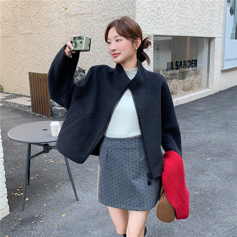 2B1142120P230K320甜美立领休闲宽松短款羊绒大衣韩版配包女装,女装毛呢外套,2B114