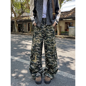 美式复古迷彩多口袋工装裤男女情侣宽松直筒休闲裤潮N0712-P58图片