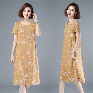 2021年夏季中长款通勤A字裙旗袍妈妈装连衣裙印花圆领套头裙子图片