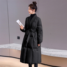 羽绒服女中长款过膝2023冬季新款宽松V领收腰显瘦白鸭绒保暖外套，女装羽绒服，火爆靓佳人