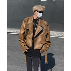 高质量~咖色铆钉皮衣外套潮炸街设计高级感痞帅短款机车服夹克，男装夹克，星座601-2