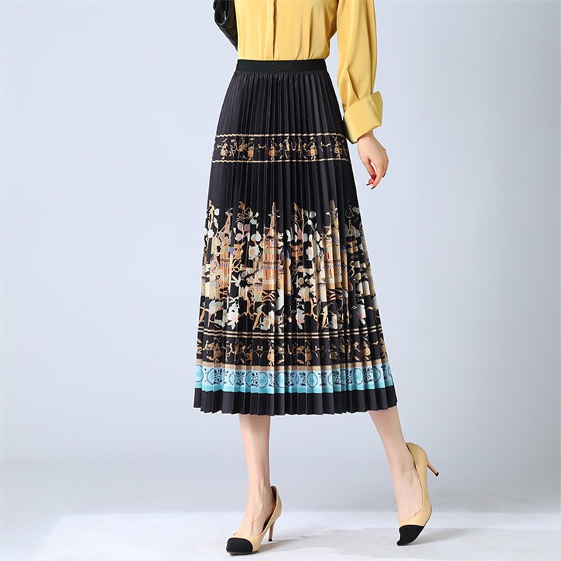 新中式印花百褶裙2024年夏季复古风改良马面裙中长款A字半身裙子，女装半身裙，君汇
