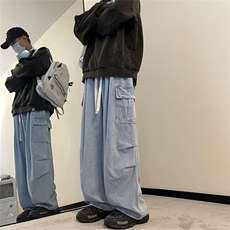 港风牛仔裤水洗美式阔腿休闲中性口袋潮流拖地男工装风G29/P48，男装牛仔裤，星座506